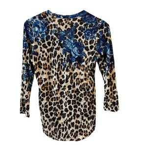 David Cline Womens Floral Animal Print V Neck Top Size XS Abstract Artsy Print